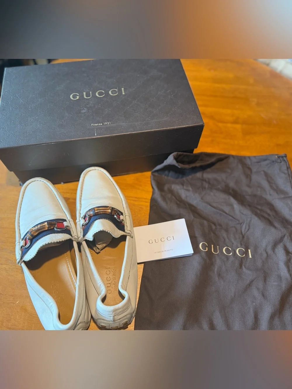 Gucci White Leather Loafers with Navy & Red Web and Bamboo Bit